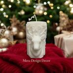 Merz Design Decor Dekoratif Yılbaşı Geyik Temalı Kabartmalı Silindir %100 Doğal Vegan Soya Wax Mum - Beyaz