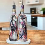 Mes Reves Design El Yapımı Japon Kadın Desenli Renkli 750 ml Zeytinyağı Sıvıyağ Şişesi Yağdanlık Yağlık 2'li Set - Mürdüm