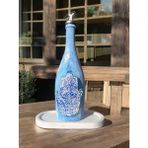 Mes Reves Design Mavi Boyalı El Yapımı Şans ve Bereket Simgesi Fatma'nın Eli Desenli Cam Şişe Sosluk-Yağdanlık, Mutfak Dekoru - 750 ml