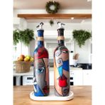 Mes Reves Design Modern Tasarımlı Soyut Yüz Desenli Renkli 750 ml Zeytinyağı Sıvıyağ Şişesi Yağdanlık Yağlık 2'li Set - Koyu Mavi