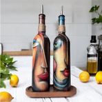 Mes Reves Design Özel Tasarım Renkli Yüz Desenli 750 ml Zeytinyağı Sıvıyağ Şişesi, Yağdanlık, Yağlık, Sosluk 2'li Set - Koyu Yeşil