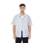 Mesfeno Baskılı Oversize Erkek Gömlek,%100 Viskon - Yumuşak Tuşe Kumaş, Küba Yaka Kısa Kollu Gömlek (L, Beyaz)