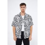 Mesfeno Clothing Mesfeno Baskılı Oversize Erkek Gömlek, %100 Viskon Yumuşak Tuşe Kumaş, Küba Yaka Kısa Kollu Gömlek - Krem