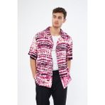 Mesfeno Clothing Mesfeno Baskılı Oversize Erkek Gömlek, %100 Viskon Yumuşak Tuşe Kumaş, Küba Yaka Kısa Kollu Gömlek - Mor