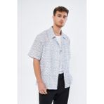 Mesfeno Clothing Mesfeno Baskılı Oversize Erkek Gömlek, Viskon Yumuşak Tuşe Kumaş, Küba Yaka Kısa Kollu Gömlek - Beyaz - XL