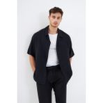 Mesfeno Clothing Mesfeno Baskılı Oversize Erkek Gömlek, Viskon Yumuşak Tuşe Kumaş, Küba Yaka Kısa Kollu Gömlek - Siyah
