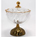 Metal Ayaklı Kristal Cam Şekerlik Gold Detaylı Sunumluk