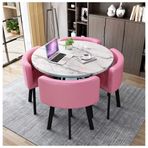 Metal Ayaklı Yuvarlak Masa ve 4 Deri Sandalye Takımı - Şık Ahşap Tasarım - Balkon, Yemek Odası veya Ofis için İdeal - Mükemmel Mutfak Yemek Masası ve Sandalye Takımı 5,Pink-90cm/35in