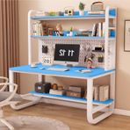 Metal Çerçeve Depolama Rafı - Kitaplık ve Kafesli Büyük Bilgisayar Masası Modern İş İstasyonu Yazı Masası, Ev Ofis Çalışması için Pegboardlu Mavi ve Beyaz (35,4x23,6x70 inç)