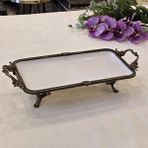 Metal Çerçeveli Dikdörtgen Porselen Servis Tabağı 30X15 cm Antik - 30 x 15 cm