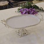 Metal Çerçeveli Döküm Ayaklı Oval Porselen Servis Tabağı 25X15 cm Gümüş - 25 x 15 cm
