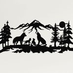 Metal Duvar Sanatı, Metal Kurtlar Aile Sanatı, Doğa Duvar Sanatı, Kurt, Dağ ve Ağaç Dekoru, Metal Duvar Dekoru (40" G x 17" Y / 100x44 cm)
