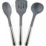 Metal Gri Silikon Kepçe Kaşık Spatula 3 Parça Servis Seti