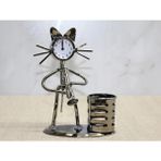 Metal Saksafon Çalan Kedi Müzisyen Saat ve Kalemlik ALK4346 - Standart