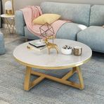 Metal Taban Çerçeveli Modern Yuvarlak Mermer Sehpa - Ayarlanabilir Ayak Pedleri ile 60 cm Beyaz Orta Masa - Altın Çerçeve ve Mermer Doku Masa Üstü