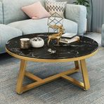 Metal Tabanlı Modern Yuvarlak Mermer Sehpa - 28 inç Altın Çerçeve ve Siyah Masa Üstü - Ayarlanabilir Ayak Pedleri - Oturma Odası Orta Masa Mobilyaları