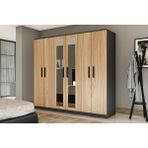 Metalia GM 088 6 Kapılı Aynalı Sonomo Antrasit Gri Siyah Kulplu Gardırop