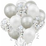Metalik gümüş beyaz gümüş konfetili şeffaf balon 12 inç 15 adet