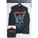 Metallica Rock Baskılı Yıkamalı Kolsuz Tişört, Unisex Rock Band Temalı Sıfır Kollu Vintage Atlet - XS - Siyah