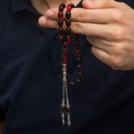 MEVAFA Gümüş Kırmızı Siyah Ateş Kehribar Tesbih T9195