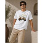 Mevese Erkek Beyaz Motosiklet Baskılı Bisiklet Yaka Tişört – Kısa Kollu Yazlık T-Shirt - XS