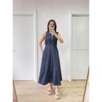 Mevese Jeans Kot Önü Tam Fermuarlı Uzun Elbise - Mavi