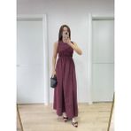 Mevese Kolsuz Göğüs Lastıklı %100 Poplin Uzun Elbise - Bordo -