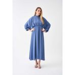 Mevra Beli Lastikli Abiye Elbise Indigo - Açık - İndigo - 40 - 42
