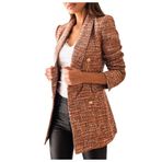 Mevsimlik kadın ceketi, şık, uzun kollu, blazer ceket, tek renkli, dar kesim, revers iş, ofis ceketi, kısa manto, takım elbise, bolero, cepli, kışlık ceket, kışlık manto, B-kahverengi, S