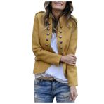 Mevsimlik kadın ceketi, şık, uzun kollu, blazer ceket, tek renkli, dar kesim, revers iş, ofis ceketi, kısa manto, takım elbise, bolero, cepli, kışlık ceket, kışlık manto, G-sarı, XL