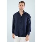 Mevsimlik Keten Dokulu Bol Kalıp Uzun Kollu Oversize Erkek Gömlek - Lacivert - 2XL