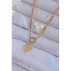 Mey İthalat® 316L Çelik Gold Renk Çift Zincir İnci Detayı Love Kalp Kolye