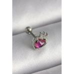 Mey İthalat® 316L Çelik Gümüş Renk Pembe Mineli Kalp Zirkon Taş Detaylı Taç Tragus Piercing
