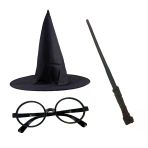 Mey İthalat® Harry Potter Siyah Şapkası Harry Potter Gözlüğü Harry Potter Asası 3 Lü Set