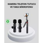 Mey İthalat® Kablosuz Çift Yaka Mikrofonu Ve Tripodlu Selfie Çubuğu İçerik Üretici Seti