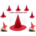 Mey İthalat® Kırmızı Renk Keçe Cadı Şapkası Yetişkin Çocuk Uyumlu 6 Adet