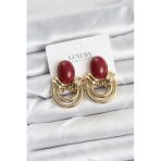 Mey İthalat® Pirinç Gold Renk Bordo Taşlı Vintage Kadın Küpe