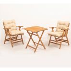 Meya Dekor Minderli Loretta Masa Sandalye Seti 2+1 Ahşap Bahçe Balkon Teras Katlanır Set 60X60 Masa - Krem
