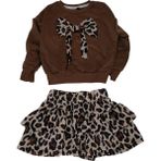 MG Mini Giyim Leopar Desenli Etekli Sweat Takım Kız Çocuk Fiyonklu 9-10 Yaş Günlük Kullanım - Kahverengi - Leopar - 9 - 10 Yaş