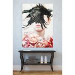 Mgi Design Sanatsal Kuş Güllü Kadın Portre Kanvas Tablo, Salon Ofis Dekorasyon, 80x120 cm, Çok Renkli, Sürrealizm Temalı
