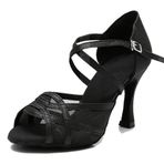 MGM-Joymod Kadın Comfort Mesh Parıltılı Burnu Açık Salsa Tango Balo Salonu Latin Modern Dans Ayakkabısı Düğün Parti Sandalet, Siyah parıltılı 9 cm topuk, 39 EU