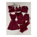 MH Moony Homewears Kutulu 8 Parça Dev Bordo Saten Pijama Gecelik Sabahlık Iç Giyim Çeyiz Seti
