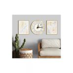 M&H Quality 454818946510s2129 Lüks Gri & Altın Çizgisel Botanik 3'lü Duvar Dekoru Seti (2 Tablo + 1 Saat) | Sessiz Mekanizma