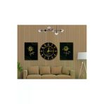M&H Quality 5444189456100 Dekoratif Duvar Tablo Ve Saat Seti – Siyah Gold Çiçek Desenli Modern Mdf Duvar Dekoru