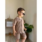 Mia Bambim Çizgili Erkek Bebek T-Shirt Şort Takım Kahverengi - 6 - 9 Ay