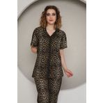 Mia KOYU Leopar Desenli Gömlek Yaka Önden düğmeli penye pijama takımı kadın kısa kolu pijama takımı