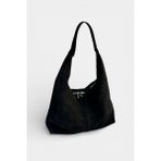 MİALES %100 Hakiki Süet Deri Kadın El ve Omuz Çantası- Büyük Boy - Siyah - Yükseklik : 30 cm , Genişlik : 45 cm, En: 10 cm