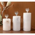 Miarik Design Dekoratif Beyaz Mermer Gumus Zeytin Dal Aksesuarli 3 Lü Baharatlık Şekerlik Kavanoz Seti