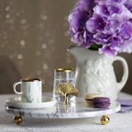 Miarik Design Dekoratif Gınkgo Cıcek Aksesuarlı Leylak Mermer Tepsi Servis Sunum Tabağı