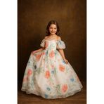 miço kids Kız Çocuk Abiye Elbise Çiçek Desenli Prenses Model Organze Kumaş